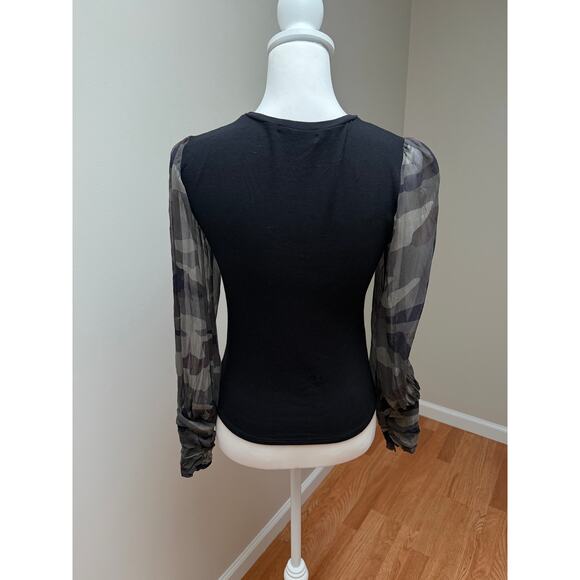 Generation Love Noelle Camo Sheer Sleeve Edgy Top Black Green Womens Size XS - Picture 5 of 9